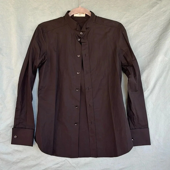 YSL EUC Yves Saint Laurent Rive Gauche Dark Purple Raw Hem Silk Blouse EU 36 - Picture 1 of 7